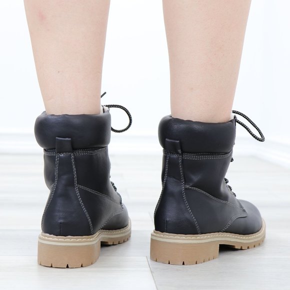 Sherpa Lined Woman's Faux Leather Lug-Sole Combat Ankle Boots - Picture 7 of 13